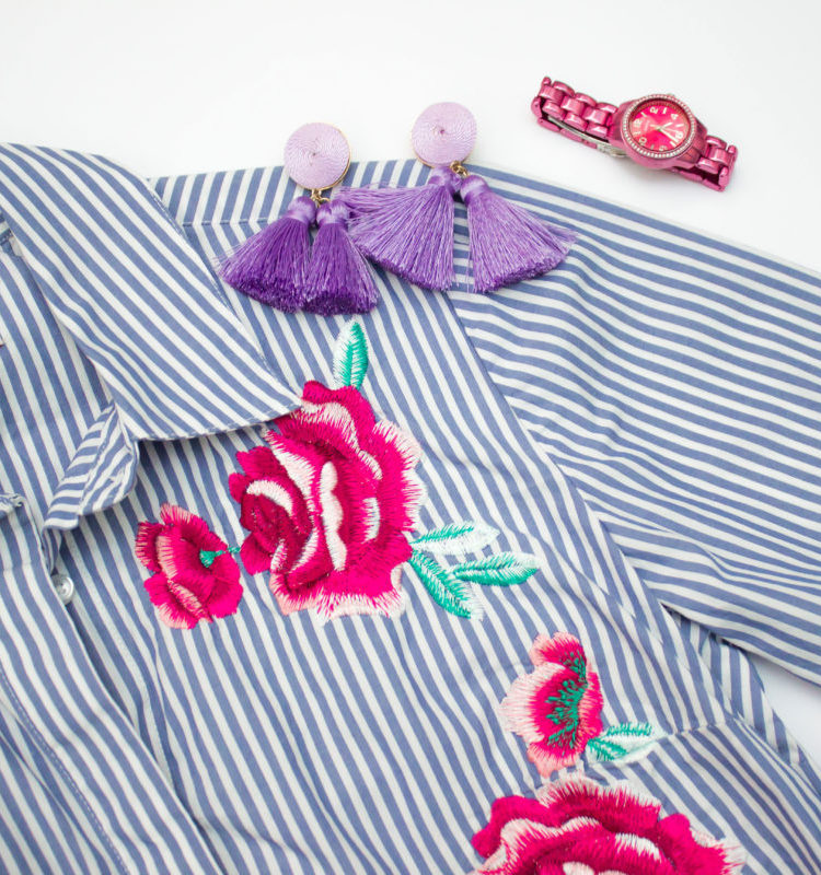 Embroidered stripe top with roses, and a watch and drop tassel earrings