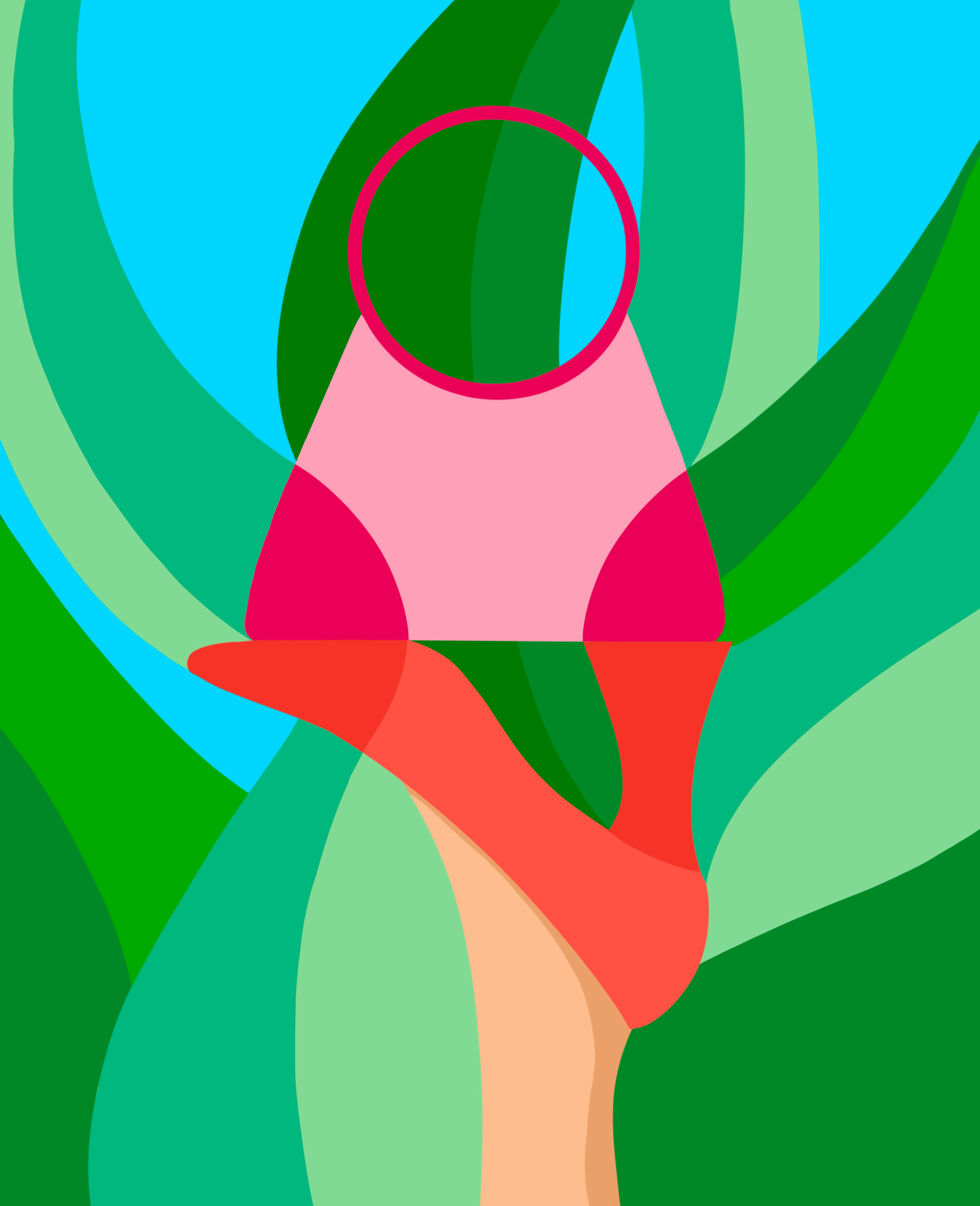 Flat-color illustration of a pink handbag with a round ring handle and deeper pink side panels, set against sweeping green leaves and a bright blue sky, with bold strokes of red and coral below.